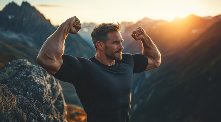 A self-assured guy stands on top of a mountain at sunset, flexing his biceps with pride. He stands out against the golden peaks and colorful sky, radiating strength.