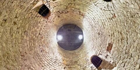 Looking up inside ancient Roman Well with light coming in from top opening in Belgrade Upper Town...