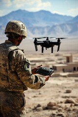 Fototapeta premium Soldier operates a drone for reconnaissance in a mountainous desert landscape