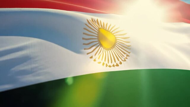 A beautiful Kurdish flag unfurls in strong sunlight, displaying its rich colors and emblem, standing as a testament to Kurdish heritage and pride