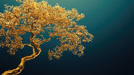 A beautiful golden tree with detailed branches and leaves, placed against a dark light-blue background for an artistic and refined visual