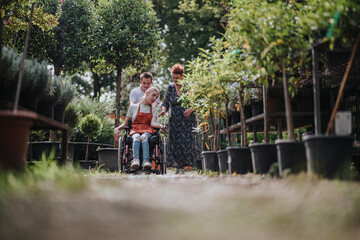 A male with Down syndrome joyfully accompanies a woman in a wheelchair through a lush garden, embodying friendship and inclusivity.