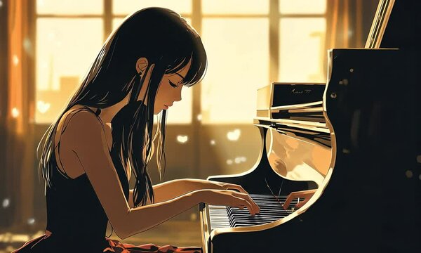 Young woman playing piano in soft sunlight illustration cartoon with ai generated.

