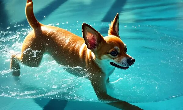 Small dog swimming in clear blue water with ai generated.
