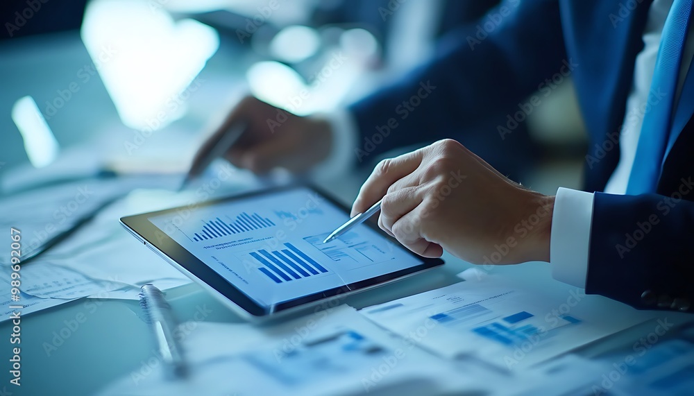 Poster close-up of manager's hands gesturing over tablet displaying financial report
