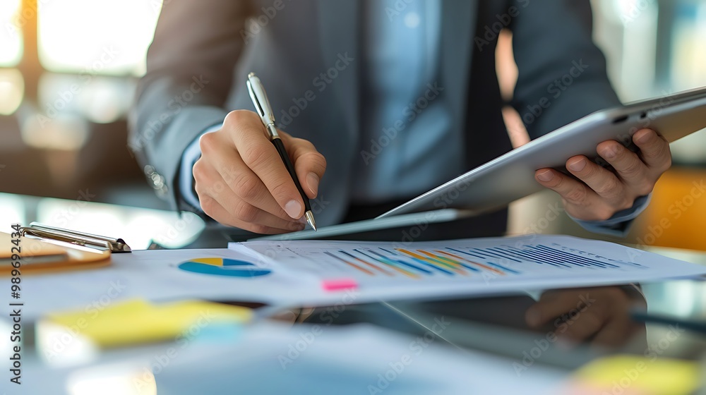 Aufkleber Manager Organizing Paper Files While Using Tablet to Check Notes
