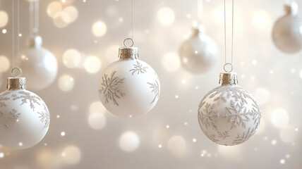 Elegant white Christmas balls hang gracefully against soft, blurred background, creating serene and festive atmosphere. delicate snowflake designs add touch of winter charm