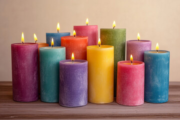 Colorful pillar candles arranged in beautiful display, radiating warmth and light. vibrant hues create cozy and inviting atmosphere, perfect for relaxation or celebration