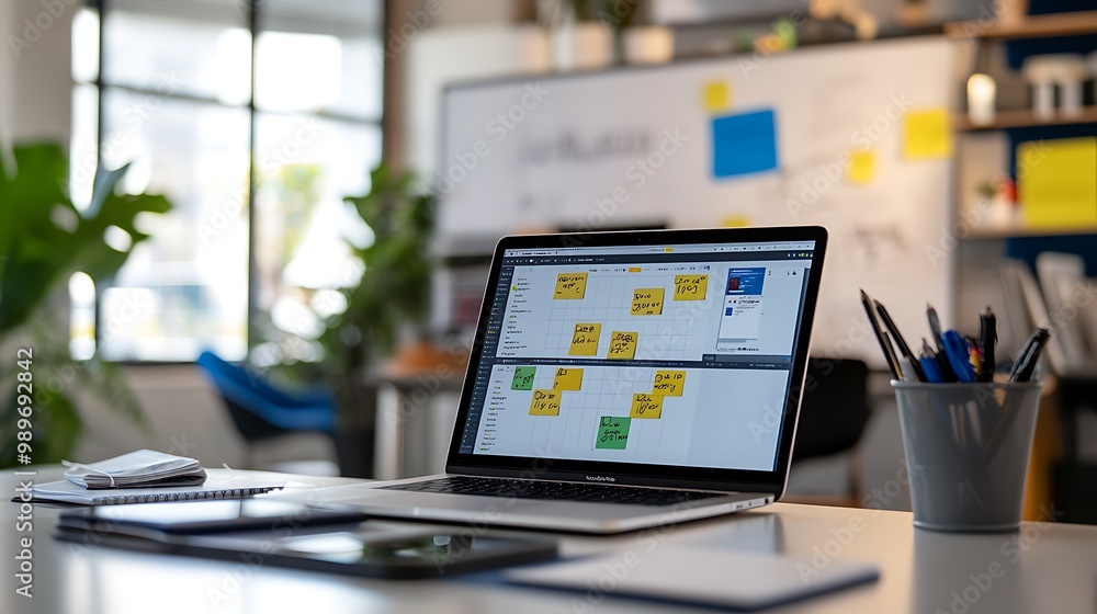 Poster digital kanban board displayed on laptop with sticky notes and whiteboard