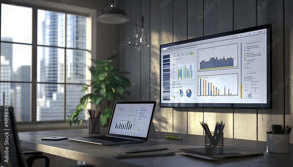 Poster modern office with digital kanban board projected on large screen