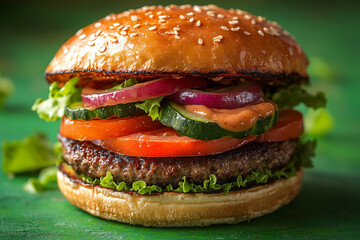 A colorful veggie burger loaded with fresh vegetables, including lettuce, tomatoes, cucumbers, and onions, all nestled in sesame seed bun. This vibrant meal is perfect for healthy and delicious option