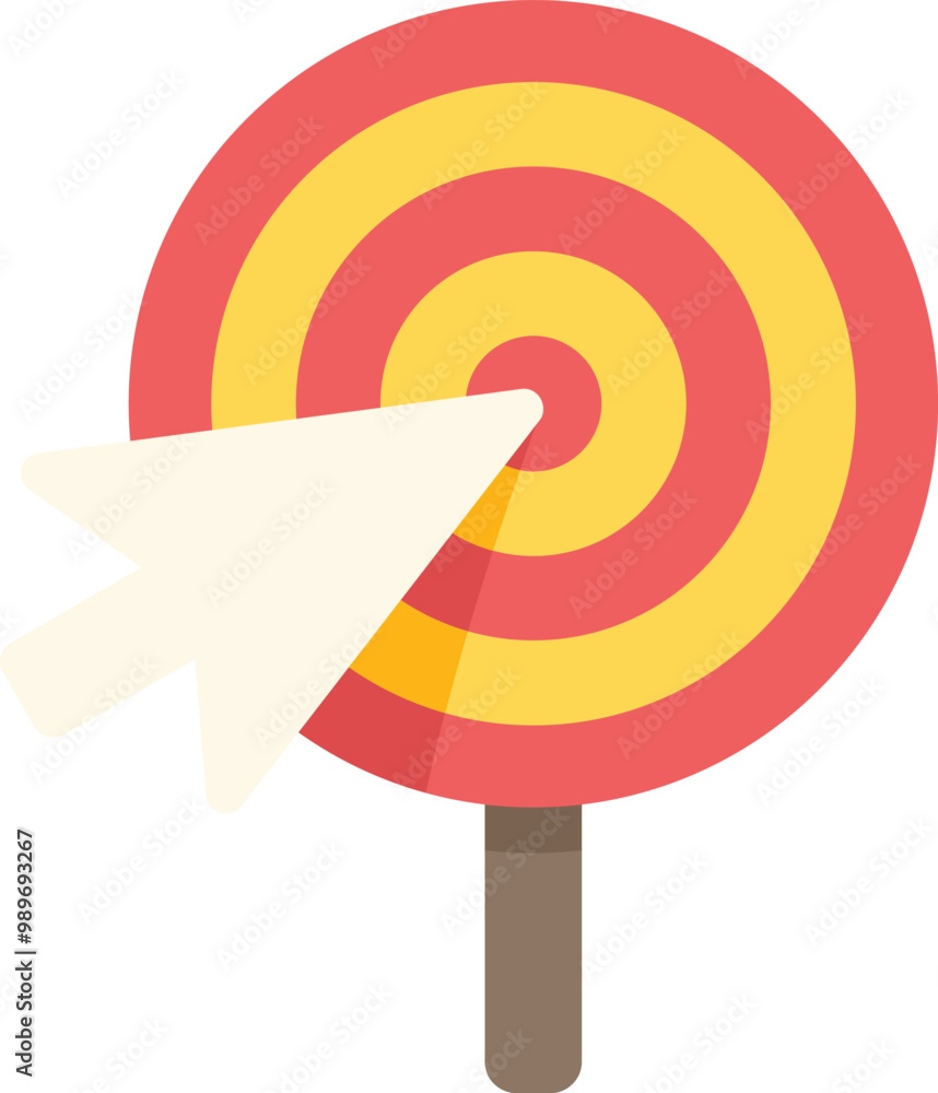 Poster mouse cursor clicking on center of target marketing concept icon in flat style