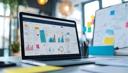 Laptop Displaying Digital Kanban Board with Whiteboard and Flowcharts
