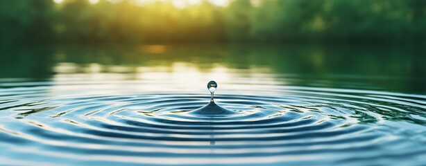 A single drop of water creating ripples in a calm pond, symbolizing small actions leading to large impacts in business, with soft natural light filtering through trees