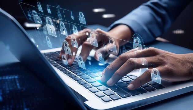 Press enter button on the keyboard computer Shield cyber Key lock security system abstract technology world digital link cyber security on hi tech Dark blue background, lock finger Keyboard