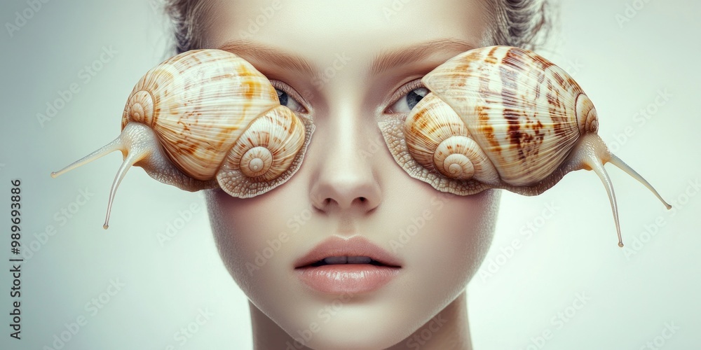 Poster a unique portrait of a woman with a surreal twist. two large snail shells serve as imaginative eyewe