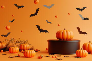 A Halloween scene with bats and pumpkins