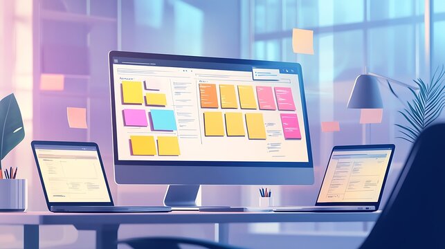 Collaborative Business Setting with Digital Kanban Board on Monitor