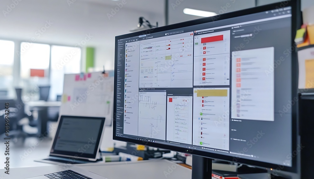 Poster digital kanban board on large touch screen with laptop and whiteboard