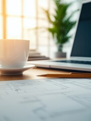 A detailed blueprint glowing on a modern desk, symbolizing strategic planning and business execution, with soft lighting highlighting the design
