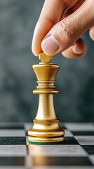 A chess piece being placed on a board, representing strategic planning and decisive execution, set against a softly lit modern office
