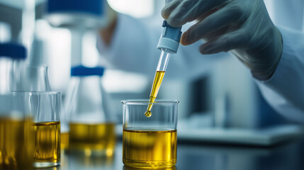 Scientist using dropper to extract herbal oil in laboratory