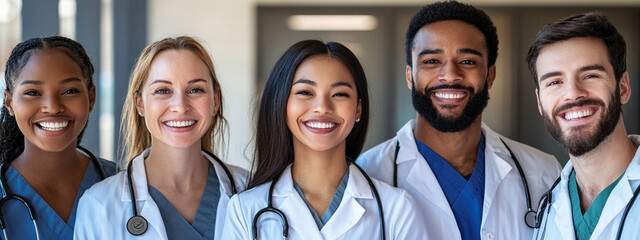 Group of young doctors, students and medical residents standing with their team in hospital hall	
