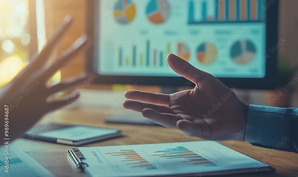 Poster close-up of hands gesturing during business presentation with digital screen