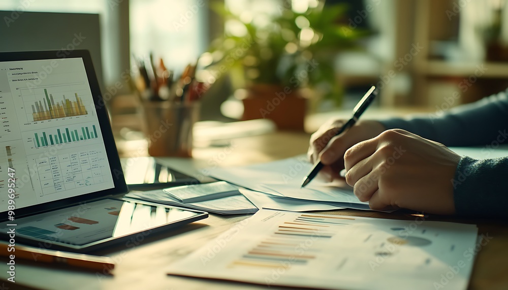 Poster Businessperson Organizing Papers into Folder with Tablet Displaying Charts