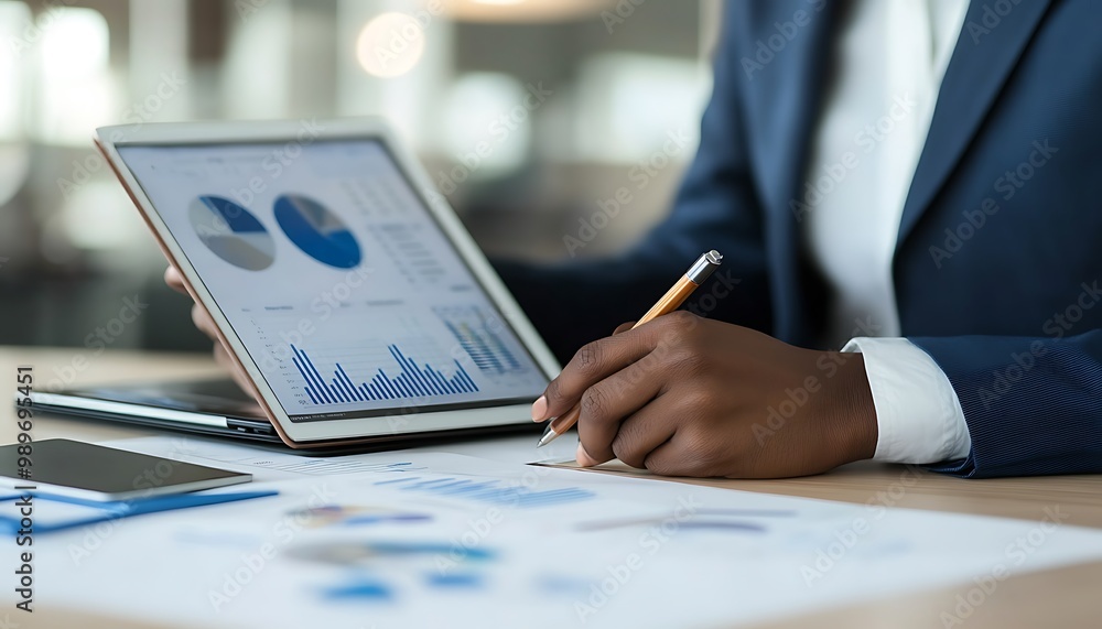 Poster businessperson organizing papers into folder with tablet displaying charts