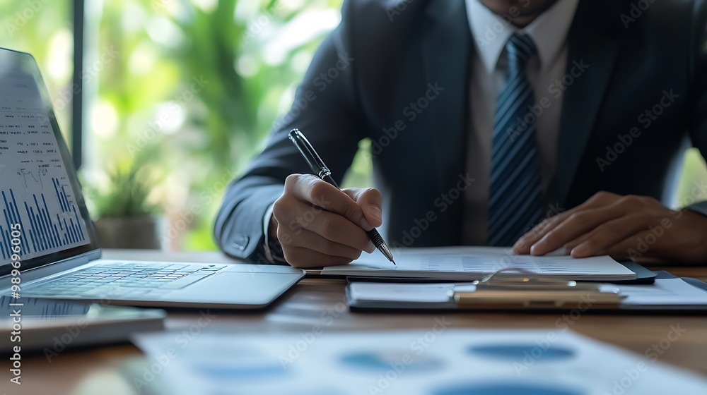 Poster close-up of businessperson writing in notebook with laptop and documents