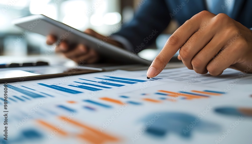 Poster close-up of hands pointing at financial chart while typing on tablet