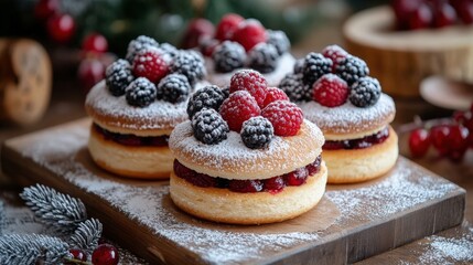 Handmade desserts with fresh berries and powdered sugar