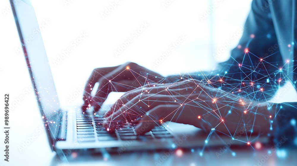 Poster double exposure of hands typing on laptop with digital network connections
