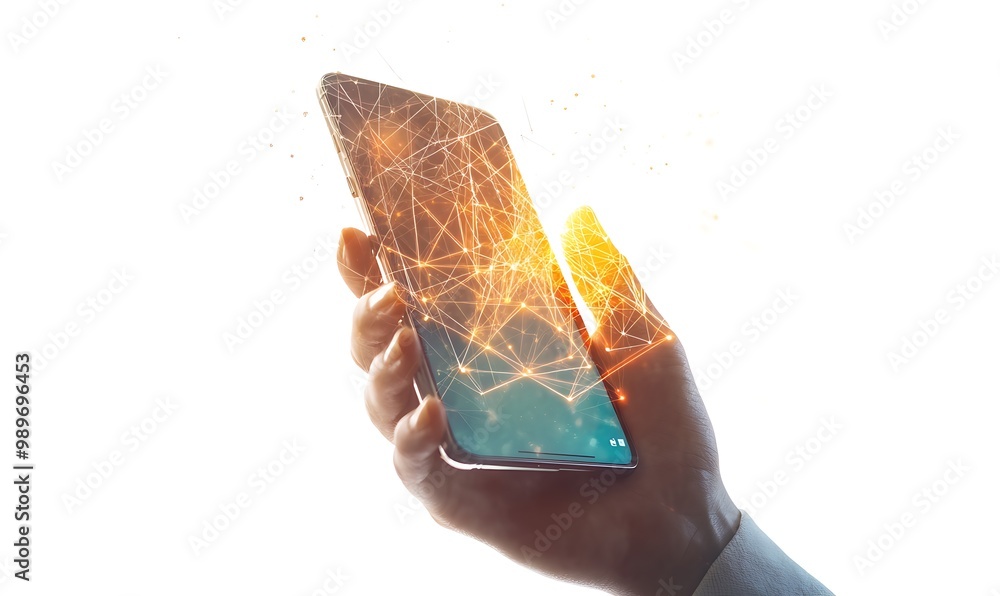 Poster hand holding smartphone with double exposure of digital graphs and connections