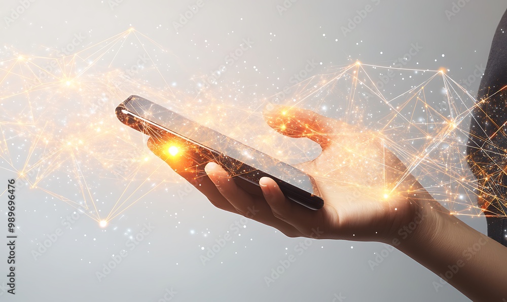 Poster hand holding smartphone with double exposure of digital graphs and connections