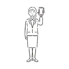 スマホを見せるスーツを着た女性_白黒