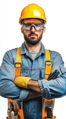 Fototapeta premium The workman is ready for maintenance tasks, wearing safety gear and demonstrating focus