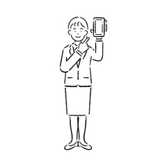 スマホを指さすスーツを着た女性_白黒