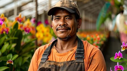 A middle-aged horticulturist smiles in a vibrant greenhouse filled with colorful orchids. Dressed in an orange shirt and brown apron, he embodies the joy of nurturing plants.