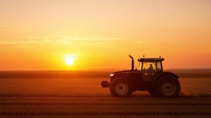 Fototapeta premium Silhouette of a tractor at sunset with a wide field of crops in the background