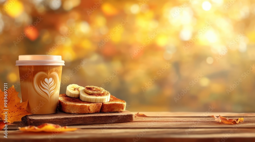 Aufkleber autumn breakfast vibes - slice of toast with banana, honey, cinnamon, and latte art coffee on wooden