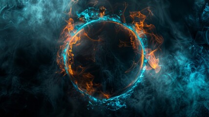A glowing circular ring of fire and ice surrounded by swirling smoke