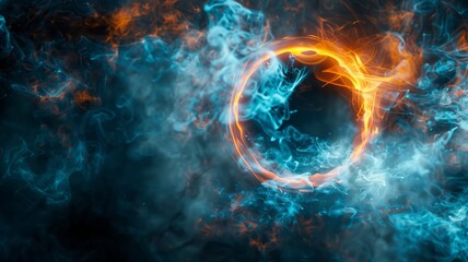 Obraz premium A glowing circular ring of fire and ice surrounded by swirling smoke