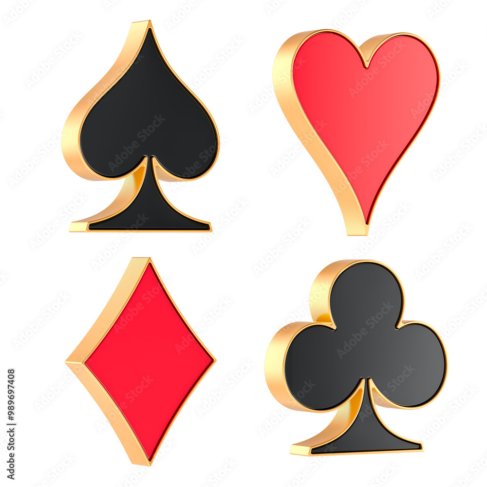 Poster card suits. playing card symbols, front view. 3d rendering isolated on transparent background