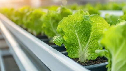 Close-up of lettuce growing in a hydroponic setup with roots visible in a water tray