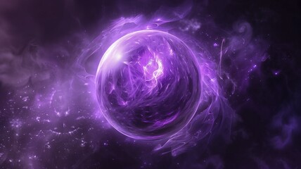 A glowing purple sphere floats above a mysterious, misty landscape