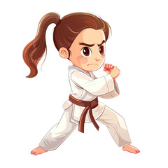 A young girl in a white karate uniform with a black belt, standing in a fighting stance, ready to strike.
