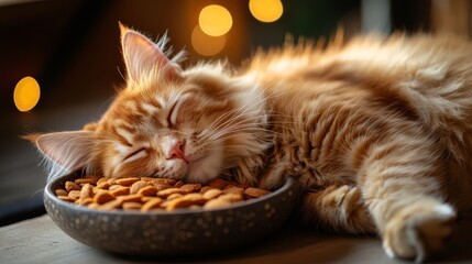 A fluffy cat is sleeping soundly next to a bowl of cat food. Its soft fur is illuminated by bright light. The light creates a relaxing and comfortable atmosphere.