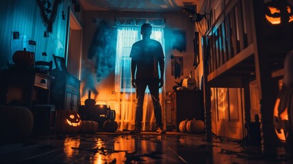 A man stands in a dimly lit, Halloween-themed room with glowing jack-o'-lanterns